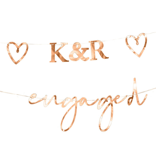 Customisable 'Engaged' Bunting with Initials & Hearts [Rose Gold]